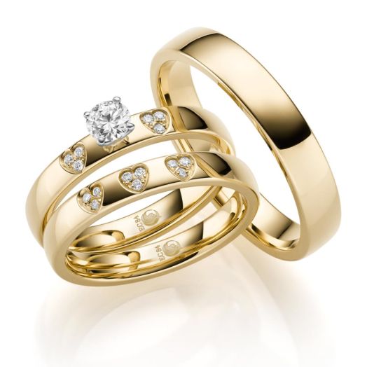 Trauringe Set Solitärring Herzdiamant Rubin Design 7 Gelbgold RU-1731