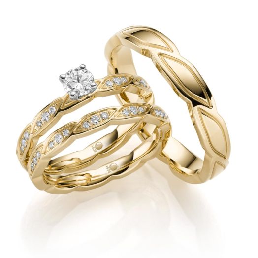 Trauringe Set Solitärring Diamantring Rubin Design 7 Gelbgold RU-1735