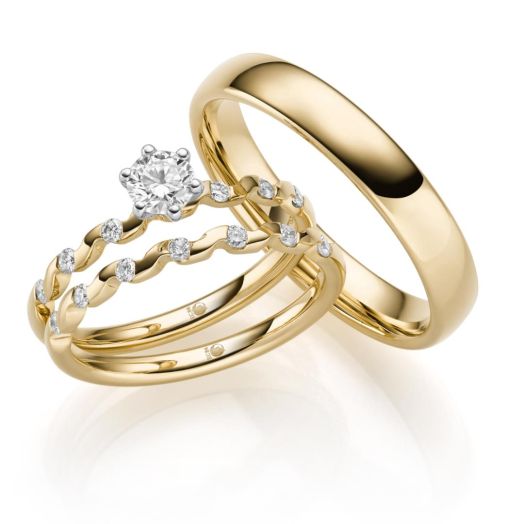 Trauringe Set Solitärring Diamantring Rubin Design 7 Gelbgold RU-1737