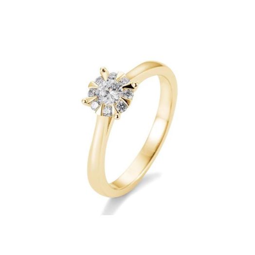 Solitärring 585 oder 750 Gelbgold Diamanten Bouguetfassung 0,39 ct.